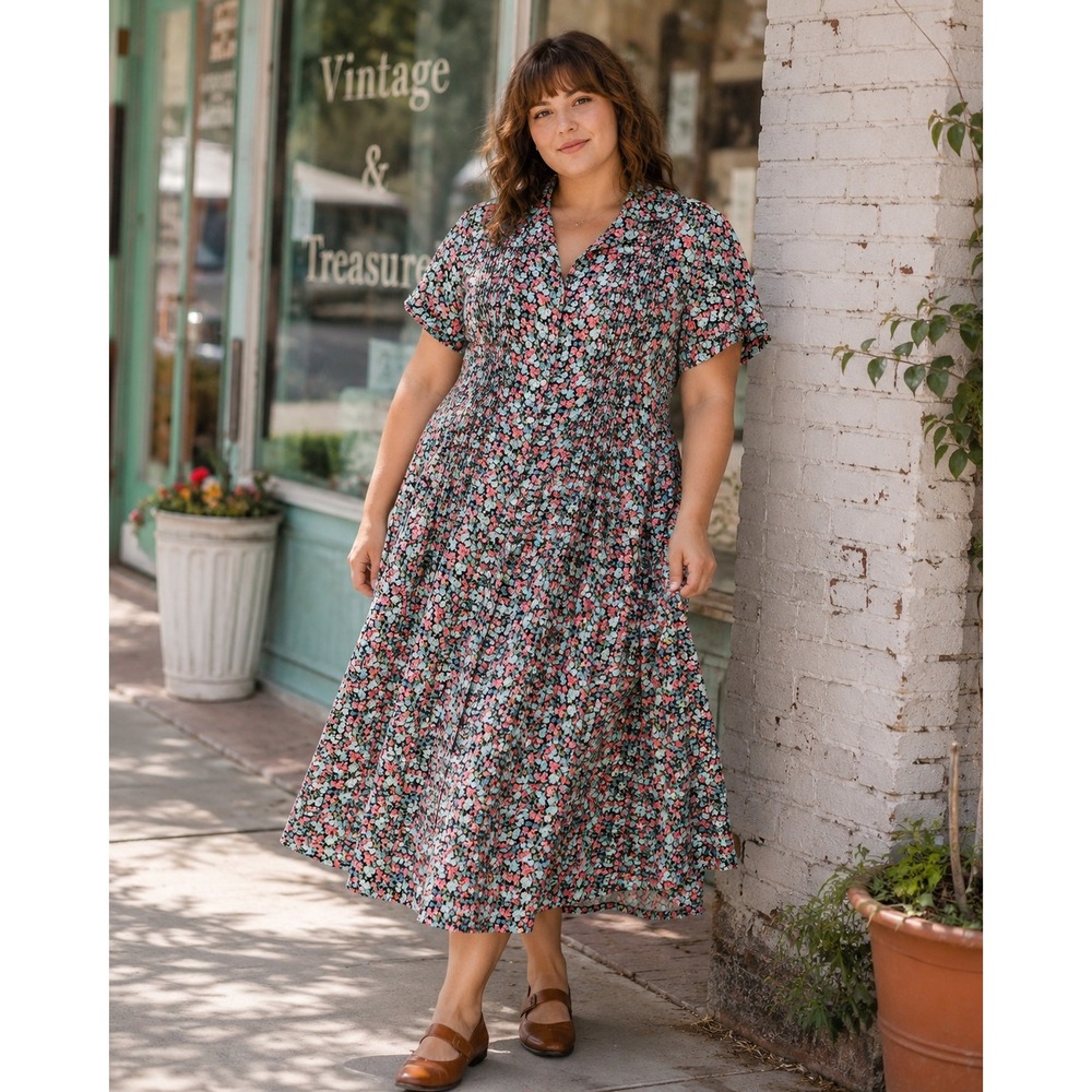 White Stag Womans Large 12/14 Shirt Dress Floral Short Sleeve Vtg Pearl Button